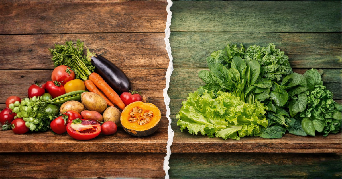 Imagem comparativa mostrando a diferença entre legume e verdura, com legumes de um lado e folhas verdes do outro.
