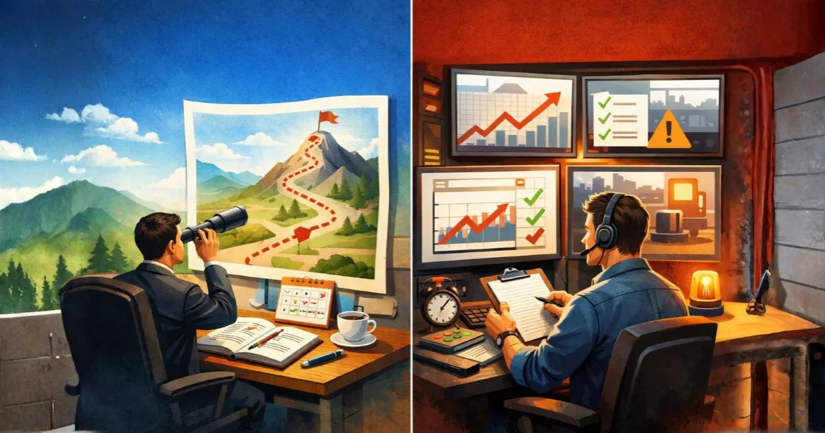 Ilustração comparativa mostrando a diferença entre planejamento e controle: de um lado, planejamento representado por uma pessoa analisando um mapa e definindo um caminho antes da ação; do outro, controle simbolizado por uma pessoa acompanhando gráficos e indicadores em tempo real durante a execução.