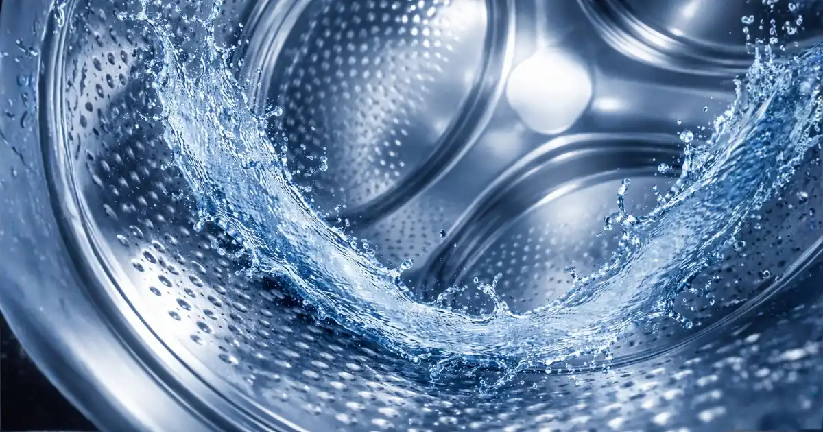 Interior de uma máquina de lavar Brastemp sendo higienizada, com água em movimento dentro do tambor de inox, ilustrando o processo de como limpar maquina de lavar Brastemp corretamente para remover resíduos, odores e manter a eficiência da lavadora.