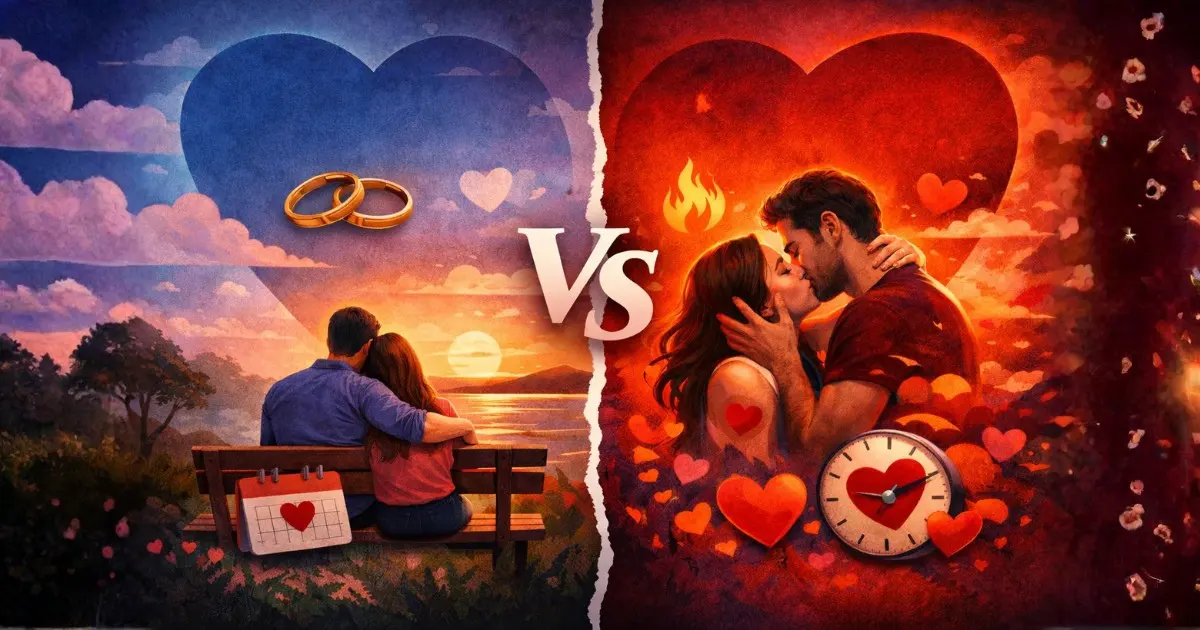 Ilustração comparativa mostrando a diferença entre amor e paixão, com amor representado por um casal em momento calmo ao pôr do sol e paixão por um casal em abraço intenso, separados por um VS ao centro.