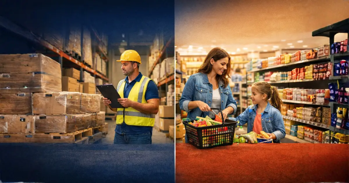 Comparação visual entre atacado e varejo, mostrando um trabalhador em um depósito com produtos em grandes quantidades e, ao lado, uma cliente com criança comprando pequenas quantidades em um supermercado, ilustrando a diferença entre atacado e varejo na prática.