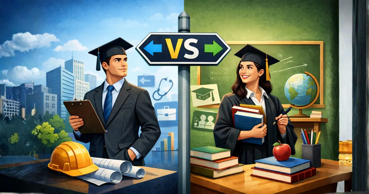 Ilustração comparando bacharelado e licenciatura no ensino superior, com dois formandos seguindo caminhos profissionais diferentes, destacando a diferença entre atuação no mercado de trabalho e na educação formal.