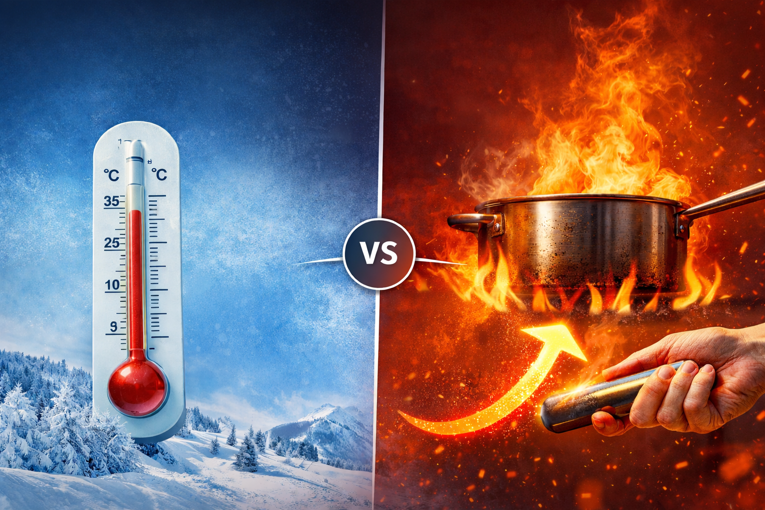 Imagem comparativa ilustrando a diferença entre calor e temperatura, com termômetro em ambiente frio e panela aquecida pelo fogo.