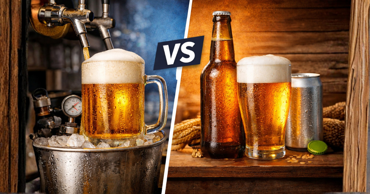 Imagem comparativa mostrando a diferença entre chopp e cerveja: à esquerda, um copo de chopp sendo servido na torneira, com espuma cremosa e aparência fresca; à direita, cerveja engarrafada e em copo, destacando os dois formatos de consumo da mesma bebida.