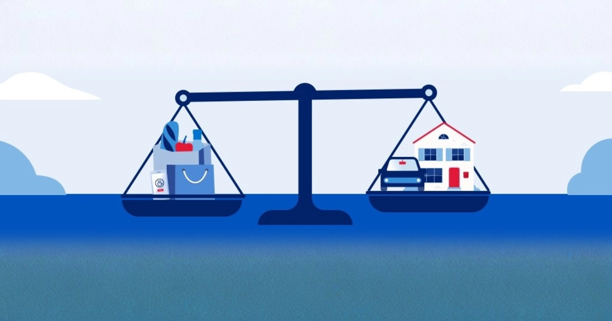 Ilustração comparativa mostrando a diferença entre conta corrente e conta poupança, com uma balança: de um lado despesas do dia a dia e, do outro, bens e economia representando objetivos financeiros.