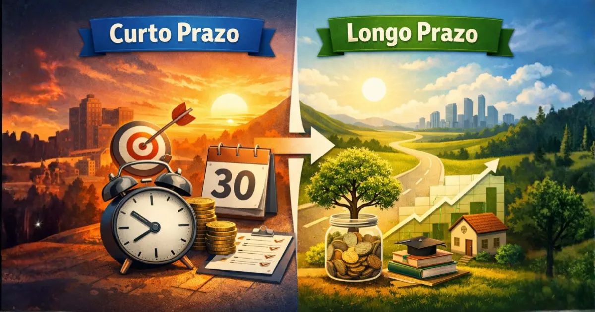 Imagem comparativa mostrando a diferença entre curto prazo e longo prazo, com elementos visuais de decisões imediatas no curto prazo e planejamento, crescimento e resultados futuros no longo prazo.