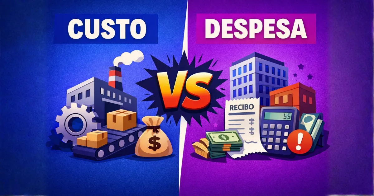 Ilustração comparativa mostrando a diferença entre custo e despesa, com custo diretamente ligado à produção de bens ou serviços e despesa relacionada à manutenção e gestão financeira da estrutura.