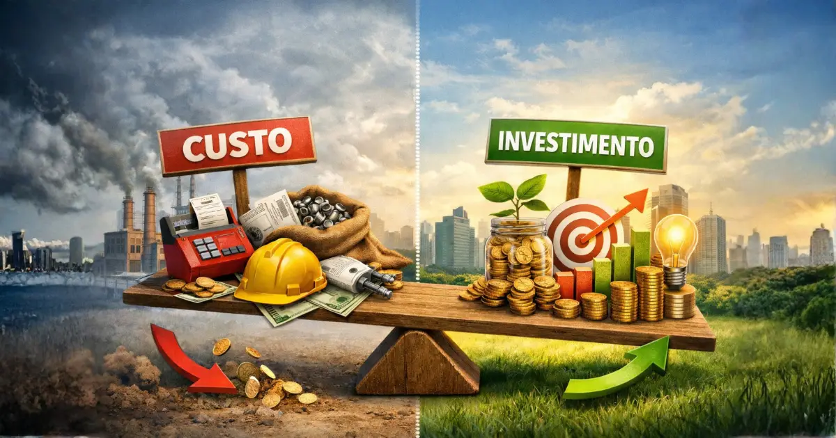 Ilustração comparativa mostrando a diferença entre custo e investimento, com dois lados contrastantes: custos ligados à produção e manutenção de uma atividade e investimentos associados a crescimento, retorno futuro e longo prazo.