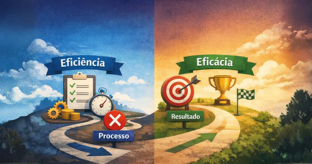 Ilustração comparando eficiência e eficácia: de um lado, o foco no processo e uso de recursos; do outro, o foco no resultado e no objetivo final, mostrando visualmente a diferença entre eficiência e eficácia na prática.