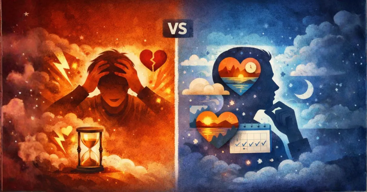 Ilustração comparativa mostrando a diferença entre emoção e sentimento, com contraste visual entre reação imediata e estado emocional duradouro, representando emoções intensas de um lado e sentimentos contínuos do outro.