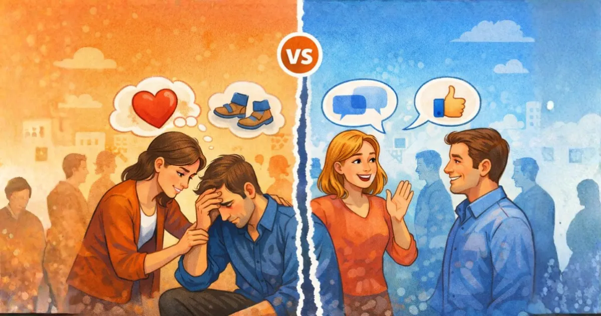 Ilustração comparativa mostrando a diferença entre empatia e simpatia: de um lado, uma pessoa oferecendo apoio emocional a outra em um momento difícil; do outro, uma interação cordial e amigável, destacando atitudes distintas no convívio social.