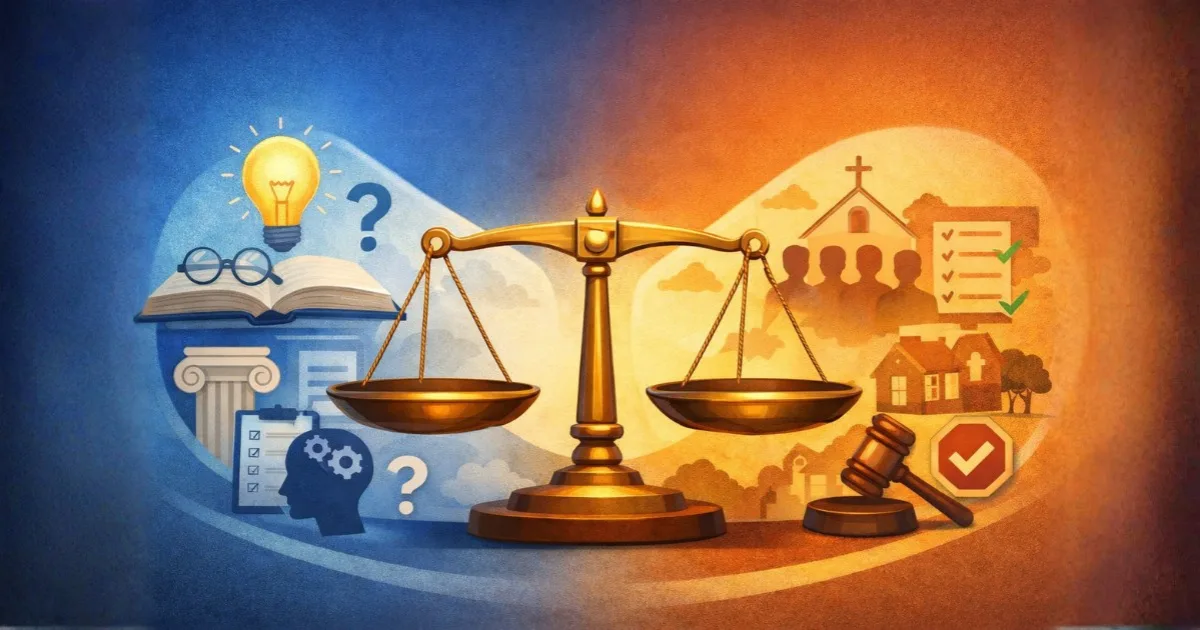 Ilustração conceitual mostrando a diferença entre ética e moral, com uma balança equilibrada ao centro, símbolos de reflexão e filosofia de um lado e costumes sociais e regras do outro, representando como ética e moral orientam o comportamento humano.