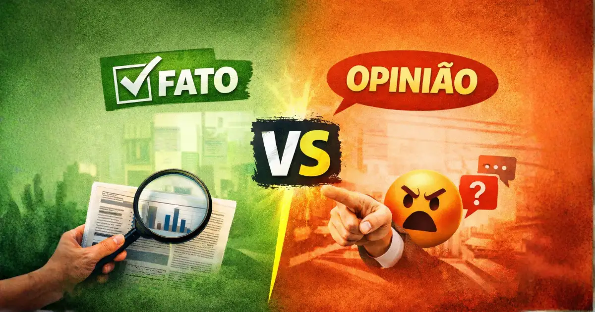 Imagem ilustrativa mostrando a diferença entre fato e opinião, com comparação visual em estilo VS: de um lado, “fato” representado por lupa, dados e símbolo de verificação; do outro, “opinião” simbolizada por balão de fala e expressão emocional, destacando como distinguir fato de opinião na prática.