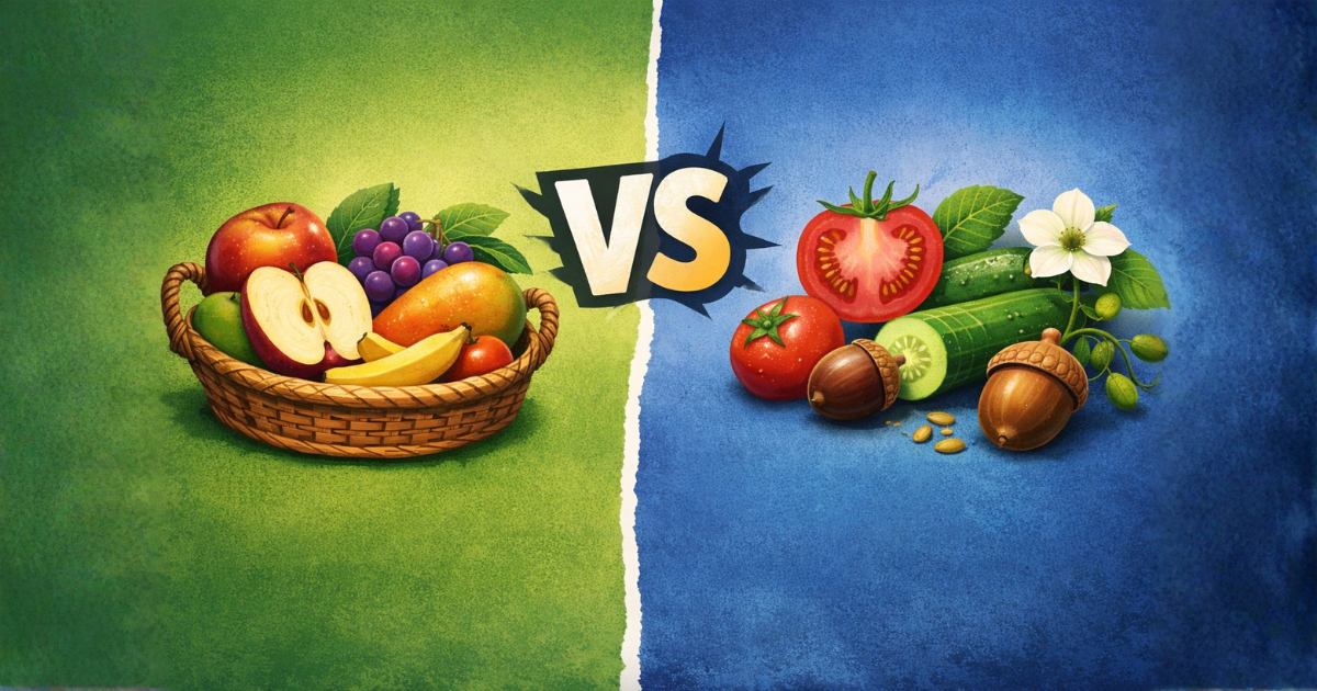 Ilustração comparativa mostrando a diferença entre fruta e fruto, com cesta de frutas do dia a dia de um lado e frutos no sentido botânico do outro, separados por um símbolo de comparação visual.