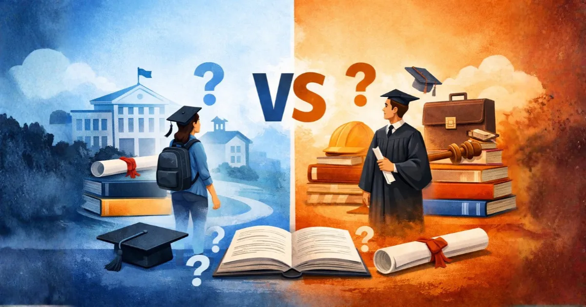 Ilustração comparativa mostrando a diferença entre graduação e bacharelado no ensino superior, com dois caminhos acadêmicos distintos separados por um “VS”, representando dúvidas comuns após o ensino médio sobre curso de graduação, tipos de formação e escolhas profissionais.