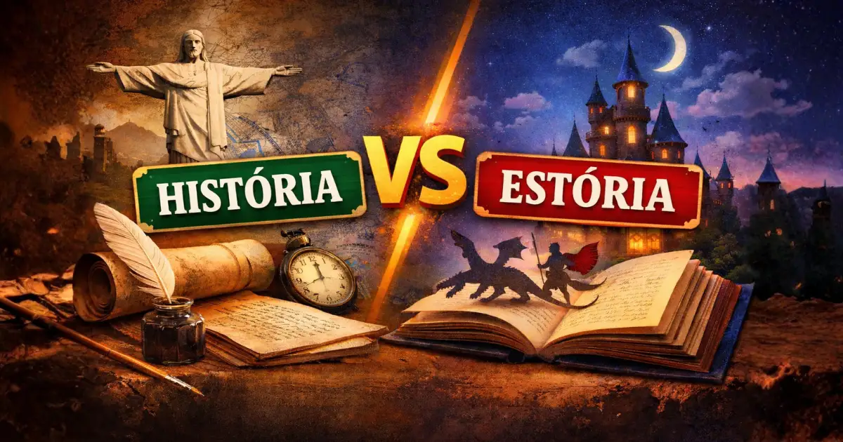 Imagem comparativa mostrando a diferença entre história e estória, com elementos históricos de um lado e elementos de ficção do outro, destacando visualmente o contraste entre fatos reais e narrativas ficcionais.