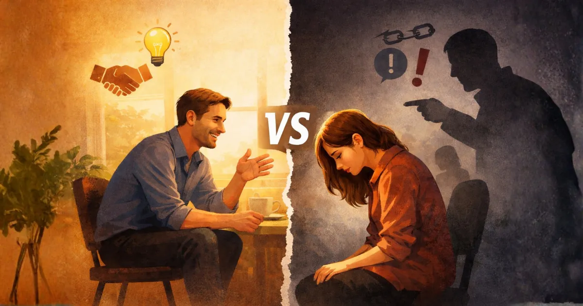 Ilustração comparativa mostrando a diferença entre humildade e submissão: de um lado, uma conversa equilibrada e respeitosa representando humildade; do outro, uma pessoa encolhida sob pressão simbolizando submissão, com contraste visual claro entre escolha e imposição.