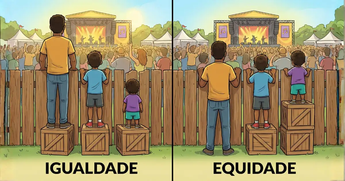 Ilustração comparativa mostrando a diferença entre igualdade e equidade: à esquerda, pessoas de alturas diferentes recebem a mesma quantidade de caixas e nem todas conseguem ver o show; à direita, cada pessoa recebe uma quantidade diferente de caixas, permitindo que todos tenham acesso visual igual.