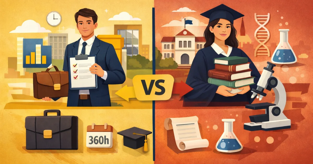 Ilustração comparativa que mostra a diferença entre lato sensu e stricto sensu na pós-graduação, com foco na formação profissional voltada ao mercado de trabalho e na formação acadêmica direcionada à pesquisa científica.