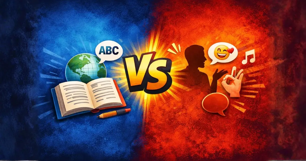 Imagem comparativa mostrando a diferença entre língua e linguagem, com um livro e globo representando a língua e gestos, emojis e símbolos representando a linguagem, separados por um VS ao centro.