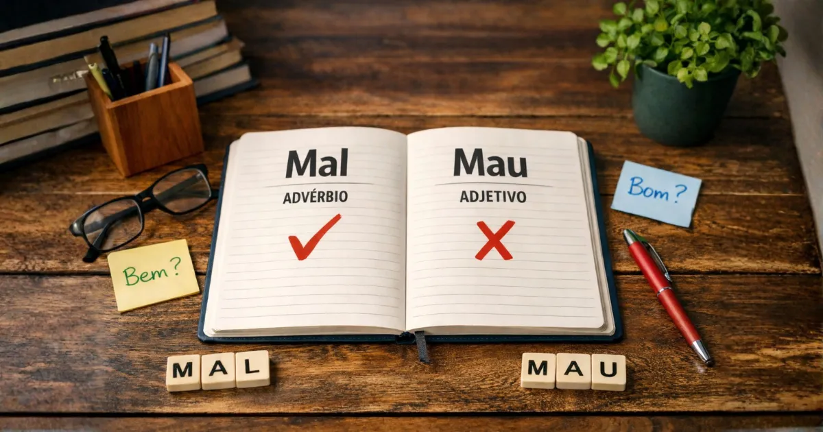 Imagem ilustrativa da diferença entre mal e mau na língua portuguesa, com caderno aberto mostrando “mal” como advérbio e “mau” como adjetivo, ajudando a entender quando usar mal ou mau corretamente na escrita.