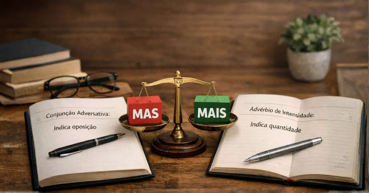 Imagem comparativa mostrando a diferença entre mas e mais na língua portuguesa, com livros abertos, balança de equilíbrio e anotações indicando mas como conjunção adversativa e mais como advérbio de intensidade.