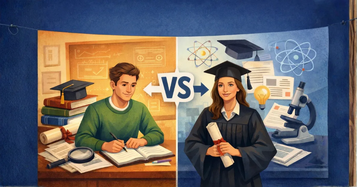 Ilustração comparativa mostrando a diferença entre mestrado e doutorado, com estudante de mestrado focado em pesquisa e estudos acadêmicos de um lado e doutor formado com produção científica e contribuição original do outro, separados por um símbolo de comparação.