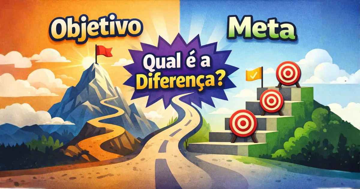 Imagem ilustrativa mostrando a diferença entre meta e objetivo, com um caminho dividido: de um lado, um objetivo representado por uma montanha com bandeira no topo; do outro, metas representadas por etapas com alvos, simbolizando planejamento, definição de metas e acompanhamento do progresso.