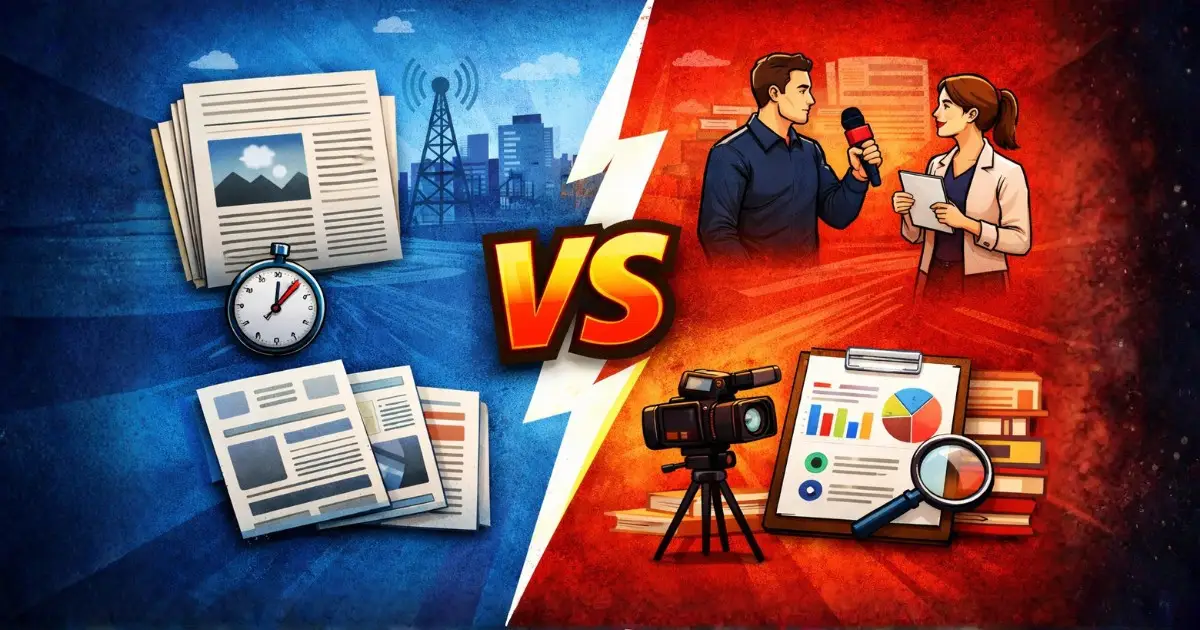 Imagem comparativa mostrando a diferença entre notícia e reportagem, com destaque visual para informação rápida de um lado e aprofundamento jornalístico do outro, separados por VS.