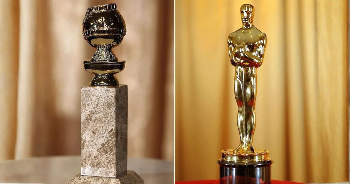 Imagem comparativa dos troféus do Globo de Ouro e do Oscar lado a lado, destacando a diferença entre o Globo de Ouro e o Oscar, com a estatueta dourada em formato de globo à esquerda e o icônico Oscar à direita, ambos representando as principais premiações do cinema e do entretenimento.