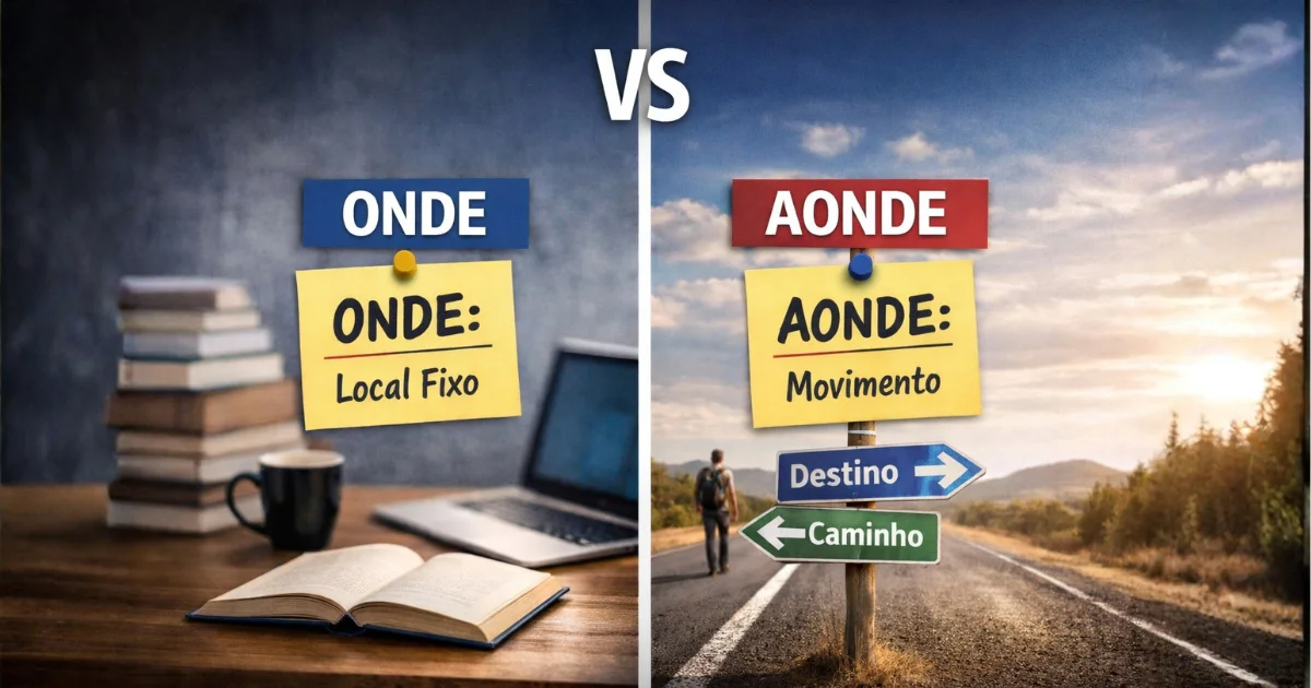 Imagem comparativa mostrando a diferença entre onde e aonde na língua portuguesa, com onde representando lugar fixo e permanência em um ambiente de estudo, e aonde representando movimento e destino em uma estrada com placas de direção, destacando quando usar cada termo corretamente.