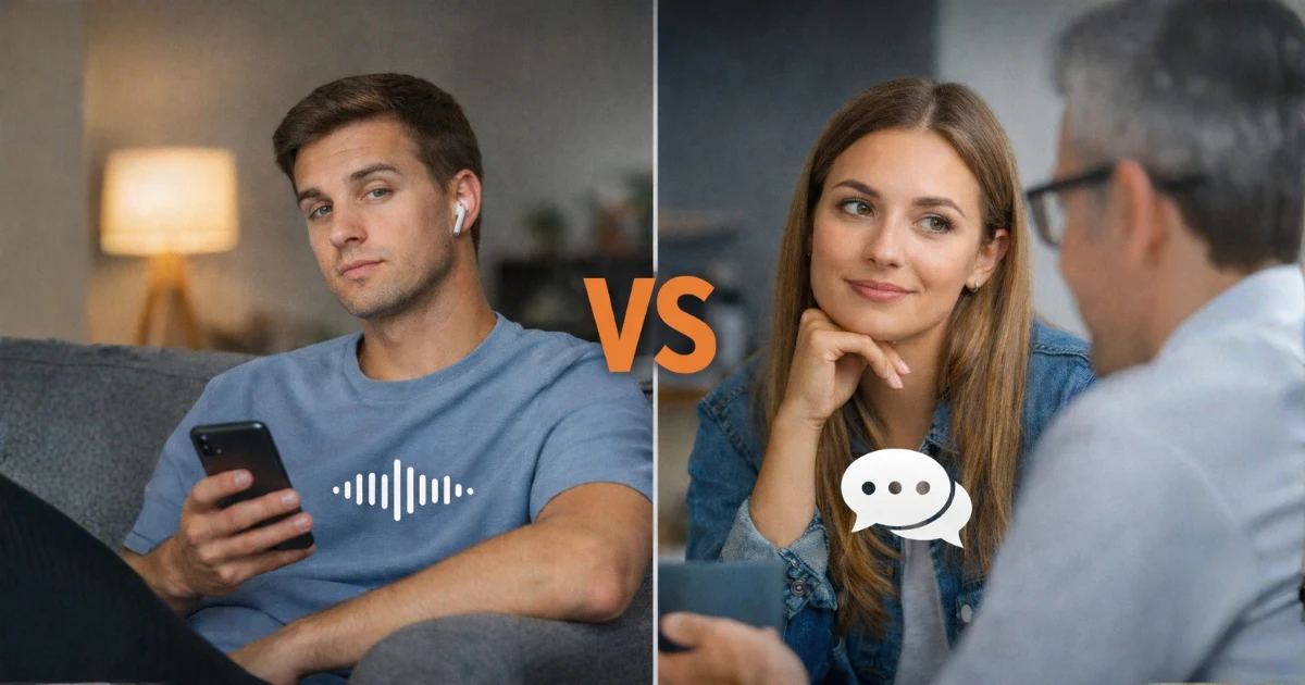 Imagem comparativa mostrando a diferença entre ouvir e escutar, com uma pessoa distraída usando o celular e fones de ouvido de um lado e outra pessoa atenta em uma conversa do outro, representando ouvir passivamente e escutar com atenção.