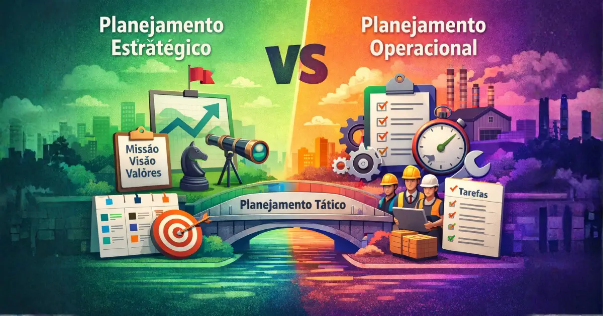Ilustração comparativa mostrando a diferença entre planejamento estratégico e planejamento operacional, com foco no longo prazo e na definição de missão, visão e valores de um lado, e na execução de tarefas, planos de ação e gestão de recursos no curto prazo do outro, conectados pelo planejamento tático.