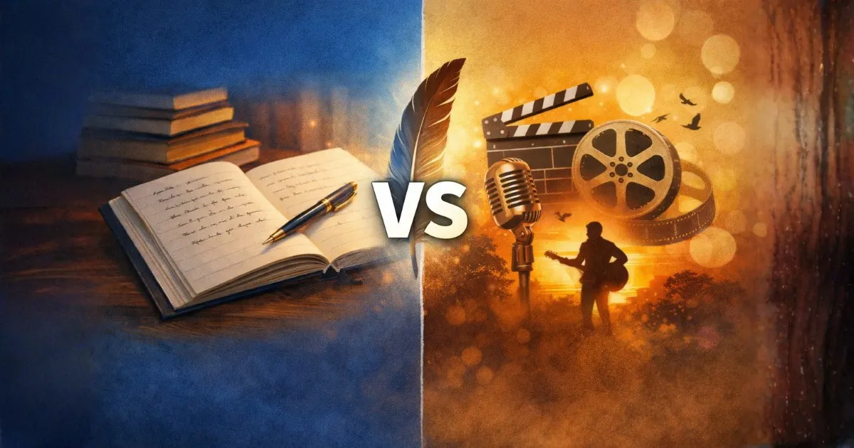 Imagem comparativa mostrando a diferença entre poema e poesia, com um caderno aberto e caneta representando o poema de um lado e elementos artísticos como música, cinema e expressão criativa simbolizando a poesia do outro.
