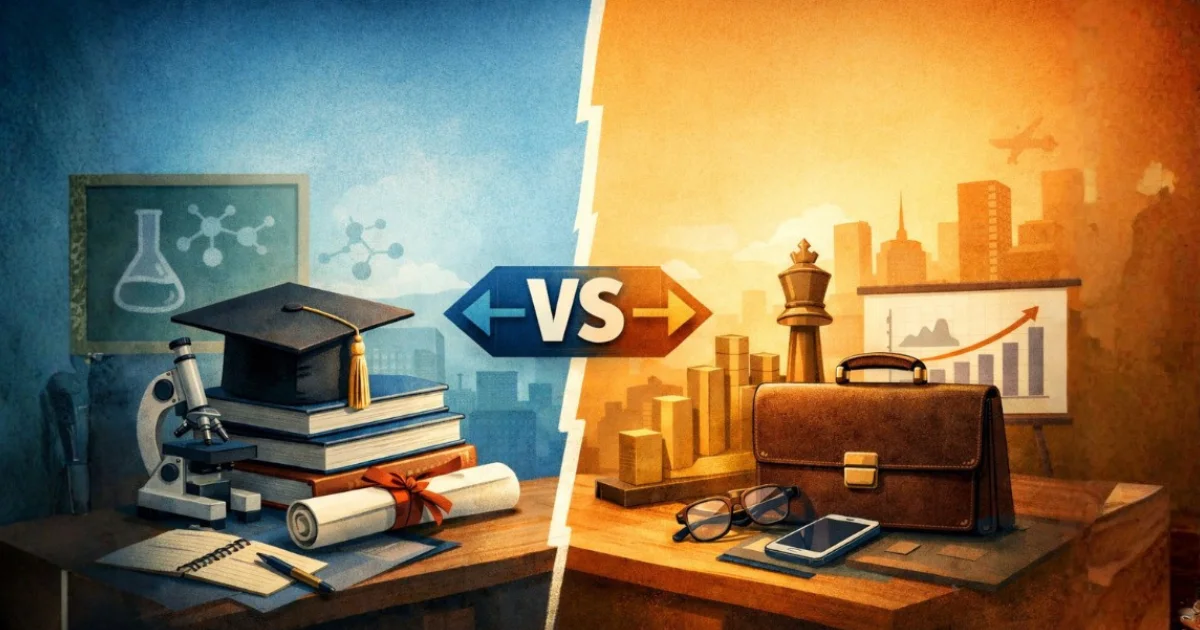 Imagem comparativa mostrando a diferença entre pós-graduação e MBA, com um lado representando a pós-graduação por meio de livros, diploma e elementos acadêmicos, e o outro lado simbolizando o MBA com pasta executiva, gráficos de crescimento e ambiente corporativo, separados por um “VS” visual que destaca os dois caminhos no ensino superior.