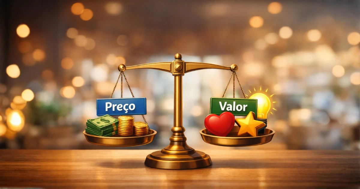 Ilustração de uma balança comparando preço e valor, com dinheiro representando o preço de um lado e símbolos de percepção e significado representando o valor do outro, mostrando a diferença entre preço e valor na tomada de decisão.