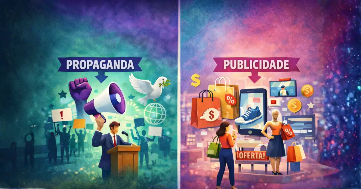 Imagem comparativa mostrando a diferença entre propaganda e publicidade, com propaganda representada por discurso público e mobilização social, e publicidade associada à venda de produtos, consumo e campanhas comerciais.
