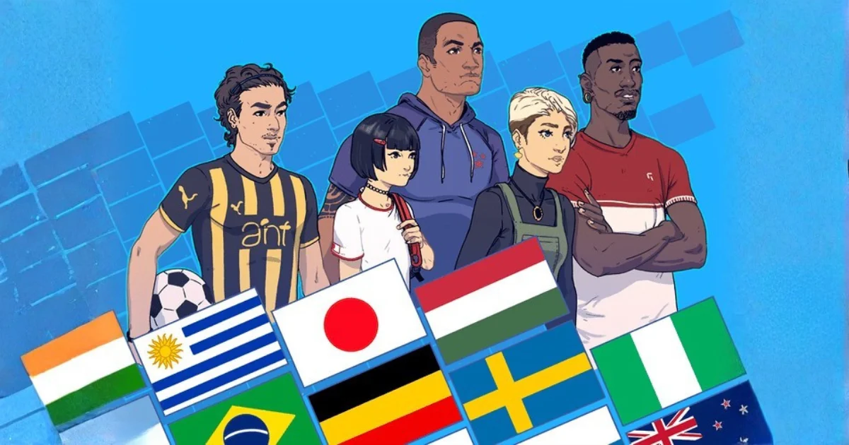 Ilustração de pessoas com diferentes aparências físicas e origens culturais posicionadas acima de várias bandeiras de países, representando visualmente a diferença entre raça e etnia, com diversidade racial ligada a características físicas e diversidade étnica associada à cultura, nacionalidade e identidade social.
