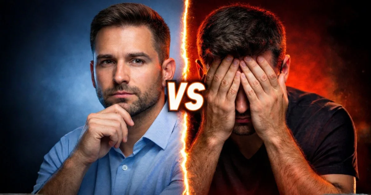 Imagem dividida mostrando a diferença entre responsabilidade e culpa, com a mesma pessoa em dois estados emocionais: de um lado postura calma e racional representando responsabilidade, do outro expressão de angústia e peso emocional representando culpa, separados por um efeito visual de contraste com “VS” ao centro.