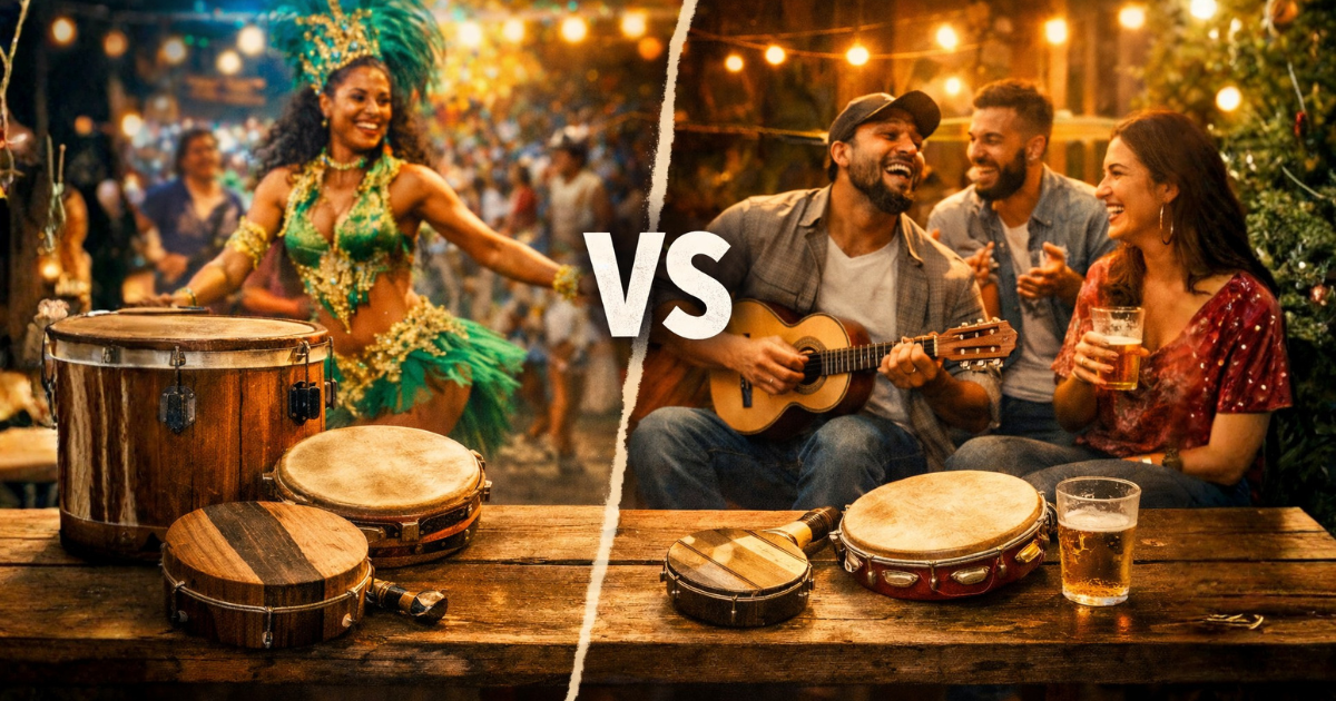 Imagem comparativa mostrando a diferença entre samba e pagode: à esquerda, uma cena de samba com dançarina e instrumentos tradicionais em clima de carnaval; à direita, um pagode com amigos tocando cavaquinho em uma roda informal, destacando os contextos distintos dos dois estilos musicais brasileiros.