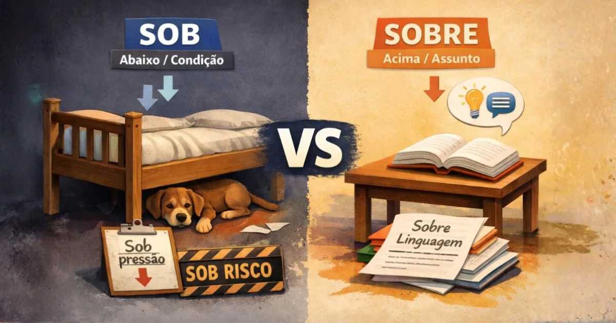 Ilustração comparativa mostrando a diferença entre sob e sobre na língua portuguesa, com exemplo visual de sob indicando posição abaixo ou condição e sobre indicando posição acima ou assunto.