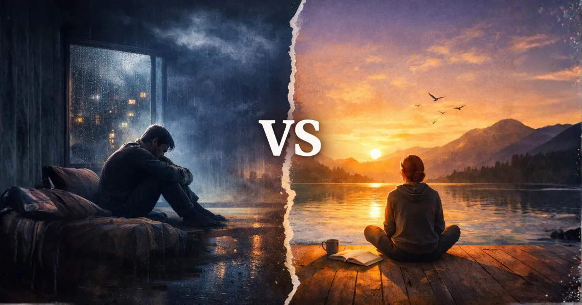 Ilustração comparativa mostrando a diferença entre solidão e solitude, com uma pessoa triste sozinha em ambiente escuro de um lado e, do outro, uma pessoa em paz sentada ao ar livre, representando estar sozinho por escolha e bem-estar emocional.