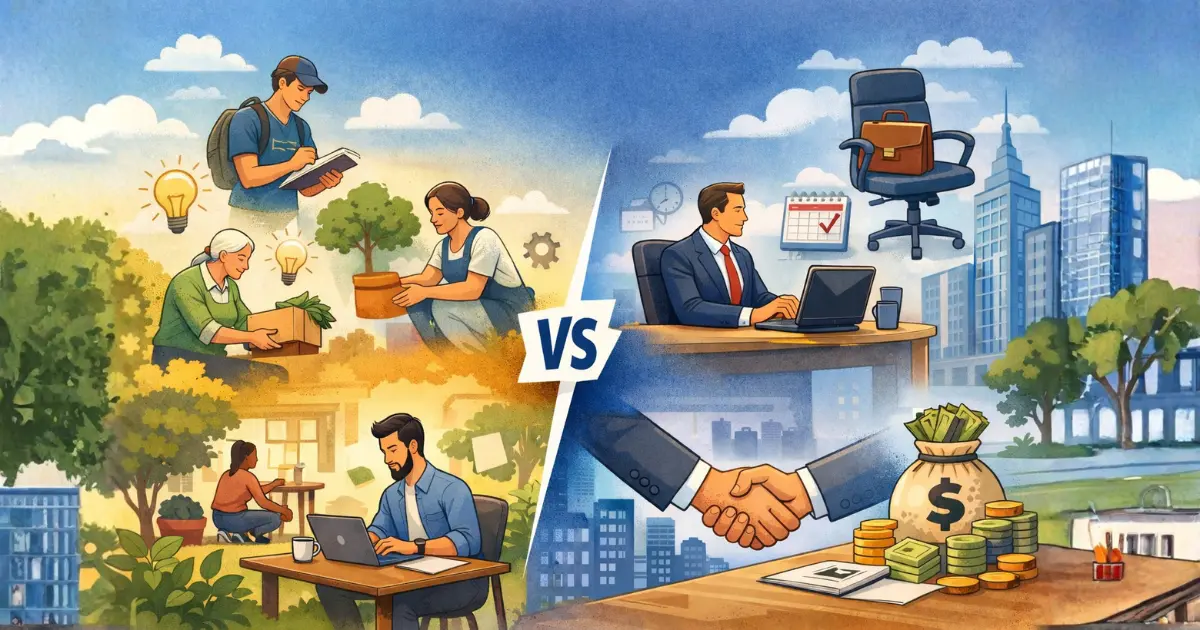 Ilustração comparativa mostrando a diferença entre trabalho e emprego: de um lado, atividades de trabalho informal e voluntário; do outro, emprego formal em escritório, com vínculo, salário e estrutura, separados por um VS central.