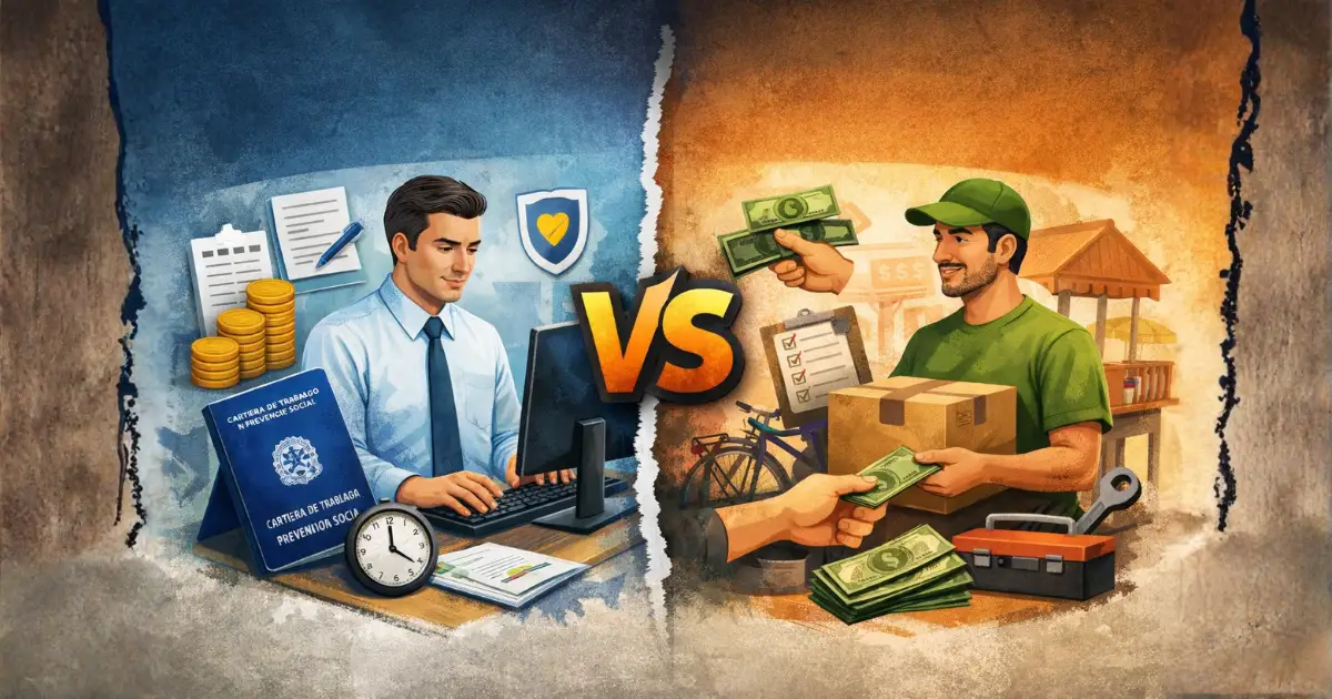 Ilustração comparativa mostrando a diferença entre trabalho formal e informal, com trabalhador de escritório representando emprego com carteira assinada, jornada de trabalho definida e direitos como FGTS e férias, e trabalhador autônomo representando trabalho informal, sem vínculo empregatício e com pagamento direto por serviço.