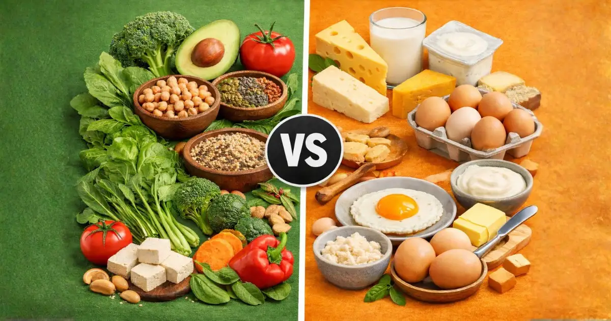 Comparação visual entre alimentação vegana e vegetariana, mostrando alimentos vegetais de um lado e ovos, leite e laticínios do outro, destacando a diferença entre vegano e vegetariano.