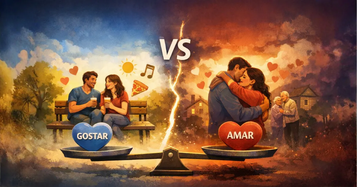 Ilustração comparativa mostrando a diferença entre gostar e amar, com duas cenas lado a lado: de um lado, um casal em momento leve e descontraído representando gostar; do outro, um casal em abraço profundo simbolizando amar, destacando contrastes emocionais entre afinidade e vínculo duradouro.