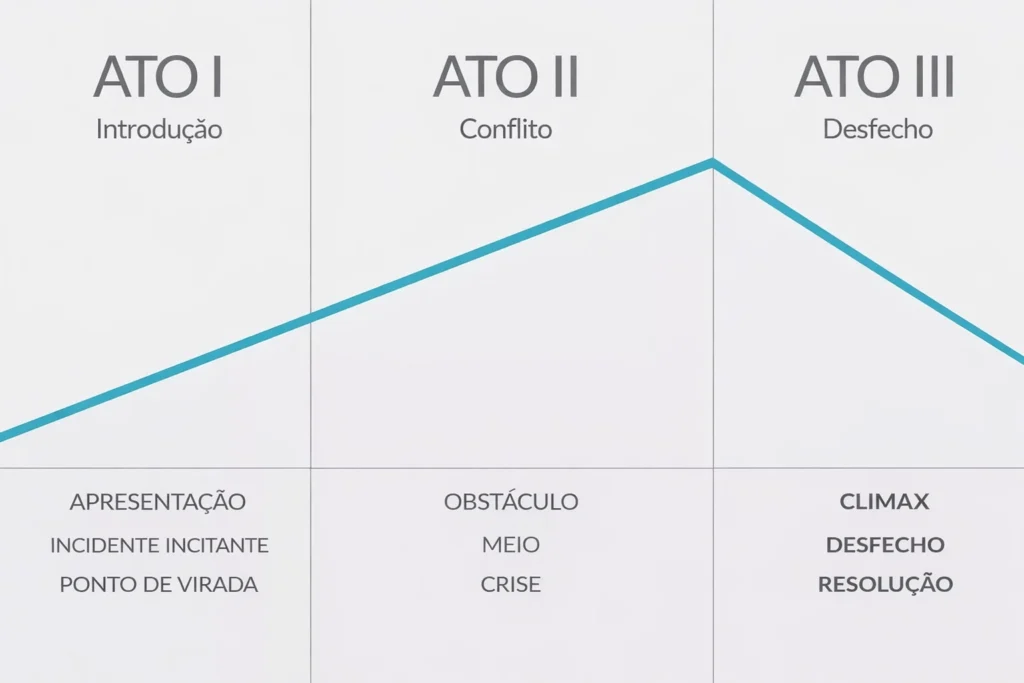 Diagrama do diário em 3 atos, mostrando a estrutura narrativa usada em métodos de journaling: Ato I (Introdução), Ato II (Conflito) e Ato III (Desfecho), aplicado aos 6 métodos de journaling e ao diário estruturado para reflexão pessoal.