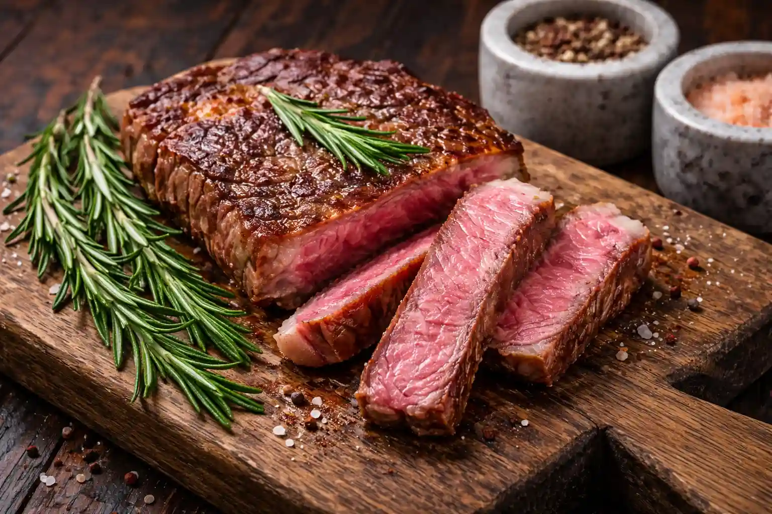 Ribeye grelhado fatiado ao ponto com crosta dourada e interior rosado, ilustrando a maior diferença entre o bife de ribeye com osso e o ribeye sem osso