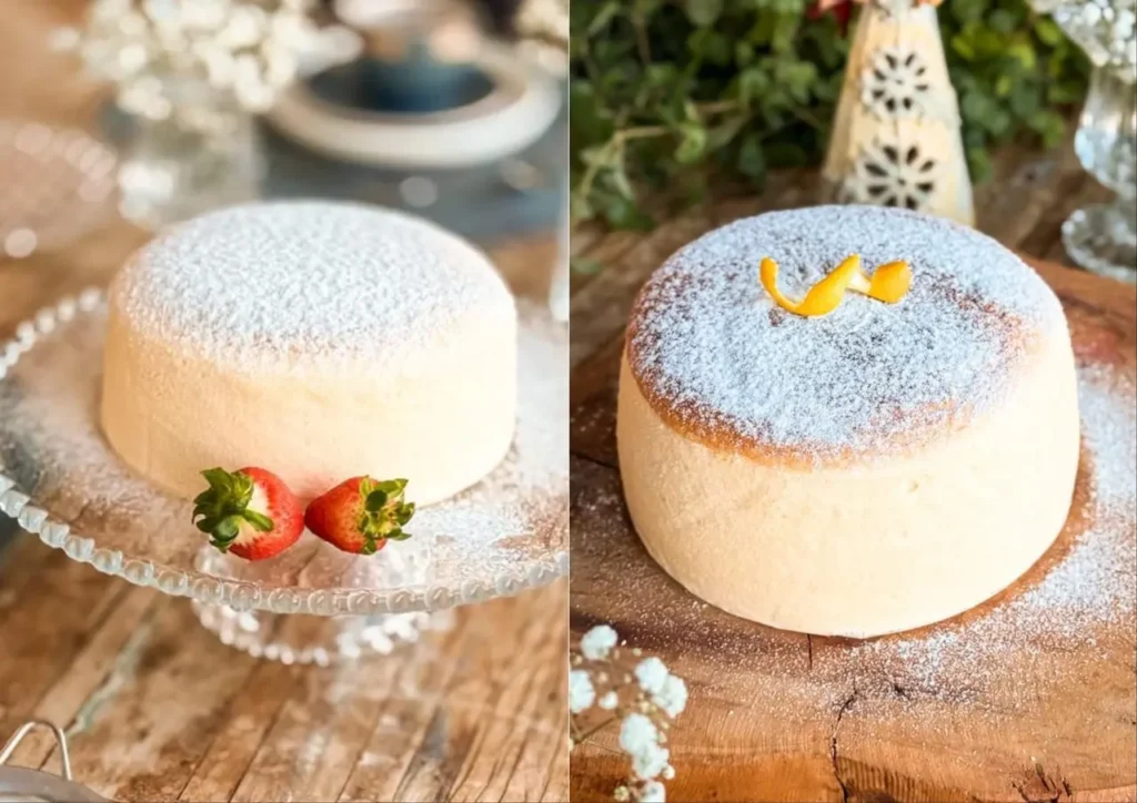 Cheesecake japonês tradicional com textura aerada e leve, apresentado em comparação visual entre duas versões do doce, destacando a diferença entre o cheesecake japonês original e adaptações populares.
