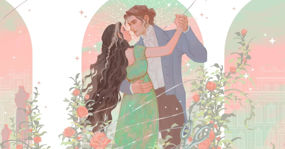 Ilustração romântica de casal dançando em cenário inspirado na era regencial, com vestido verde, traje aristocrático e flores ao redor, representando fantasia com romance marcado por diferenças de classe e atmosfera ao estilo Bridgerton.